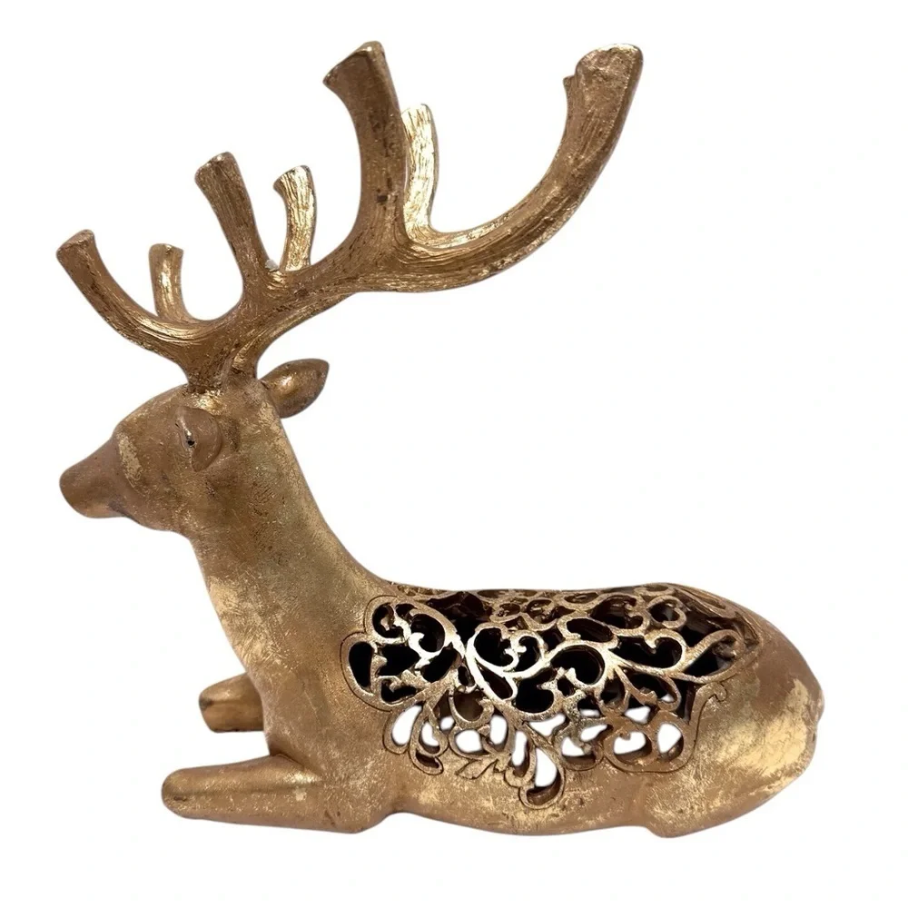 Sitting Filagree Reindeer Figurine Metallic Gold Resin EUC